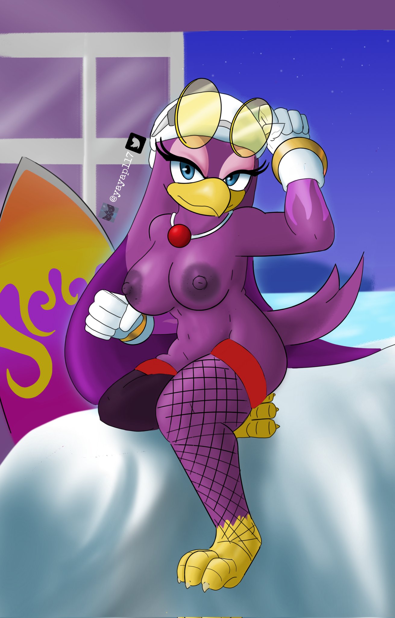 avian bed bird blue_eyes claws clothing elelite eyewear feathers female furniture glasses hi_res hirundinid humanoid lingerie nipples oscine passerine purple_body purple_feathers purple_nipples sea sega solo sonic_riders sonic_the_hedgehog sonic_the_hedgehog_(comics) sonic_the_hedgehog_(series) surfboard swallow_(bird) water wave_the_swallow