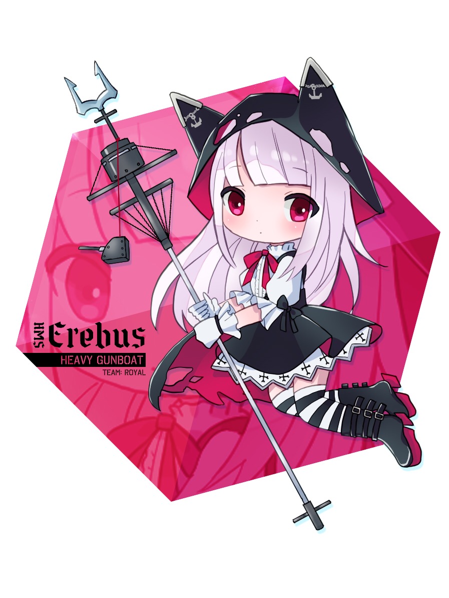 1girl anchor_hat_ornament animal_ear_headwear azur_lane black_footwear blunt_bangs boots character_name chibi dot_mouth dot_nose english_text erebus_(azur_lane) gloves hat hat_ornament holding ice48 kneehighs long_hair long_sleeves platform_boots platform_footwear red_eyes shirt socks solo striped striped_socks torn_clothes torn_hat white_background white_gloves white_hair white_shirt zoom_layer