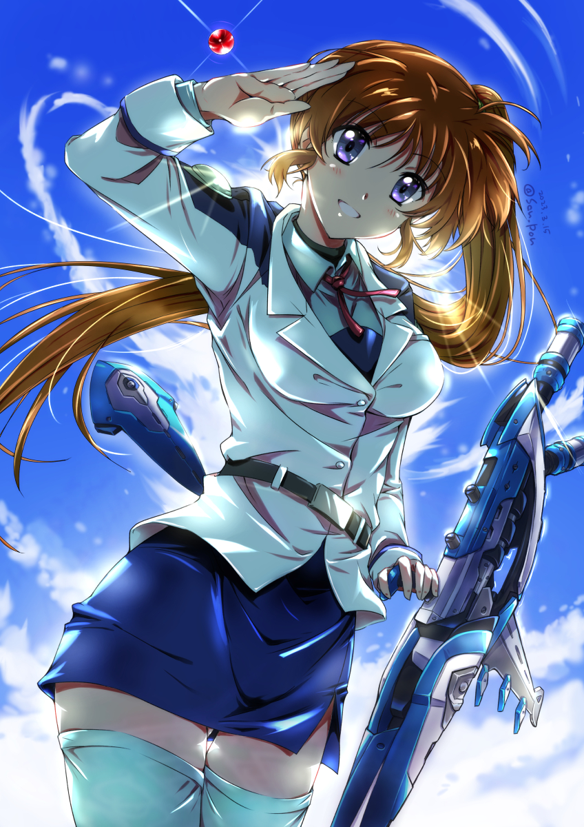 1girl blue_eyes blue_skirt blush breasts brown_hair dated gun highres large_breasts long_hair looking_at_viewer lyrical_nanoha magical_girl mahou_shoujo_lyrical_nanoha_strikers military military_uniform miniskirt outdoors raising_heart rifle salute san-pon side_ponytail signature skirt sky solo takamachi_nanoha thighhighs tsab_executive_military_uniform uniform weapon white_thighhighs