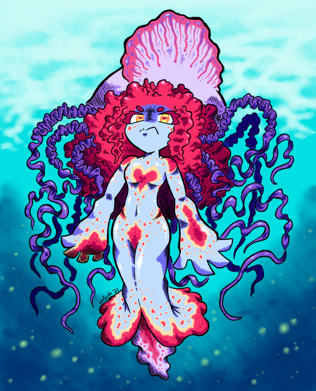 4_fingers angry_eyes anthro blue_body cnidarian digital_media_(artwork) female fin fingers flat_chested frown frowning_at_viewer hi_res legless looking_at_viewer man_o'_war_(medusozoa) marine medusozoan miniscule_(minisculeiscool) nude pseudo_hair siphonophore solo swimming tentacle_hair tentacles underwater water
