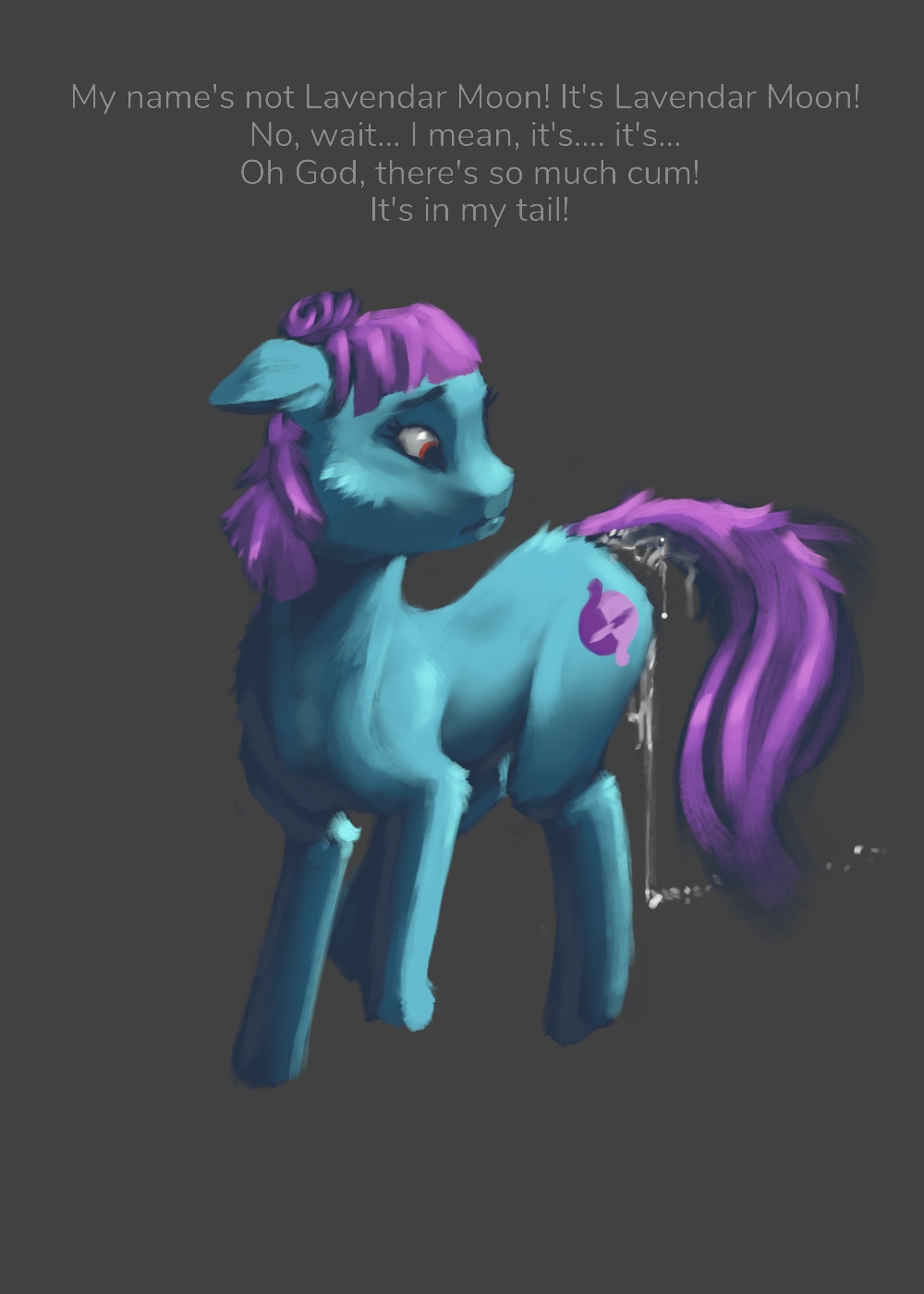 after_sex after_transformation blue_body blue_fur bodily_fluids cum cum_drip cum_on_tail cutie_mark dripping english_text eqlipse_(artist) equid equine female feral forced fur genital_fluids grimdark hair hasbro hi_res horse looking_at_self looking_back mammal mind_control my_little_pony permanent permanent_transformation pony purple_hair quadruped solo story story_in_description tail text