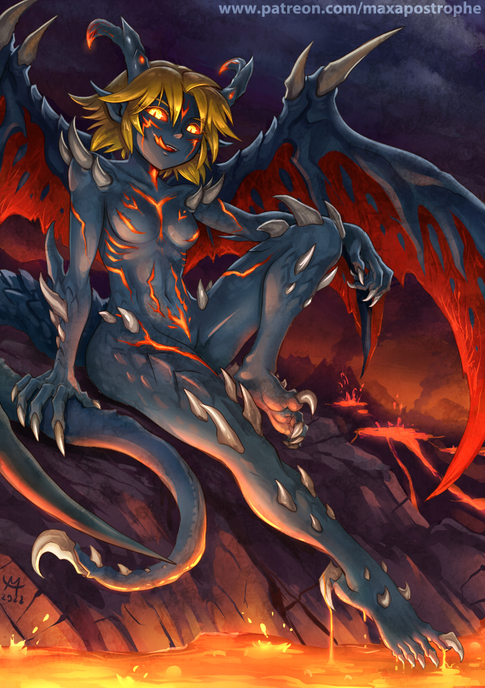 1girl barefoot black_skin blonde_hair breasts claws colored_sclera colored_skin dark_persona demon_girl demon_horns demon_tail demon_wings forked_tongue glowing glowing_eyes horns licking_lips looking_at_viewer maxa' molten_rock original pointy_ears red_sclera scales short_hair sitting slit_pupils small_breasts solo spines tail tild_-_mage_a_louer tild_framith tongue tongue_out volcano wings yellow_eyes