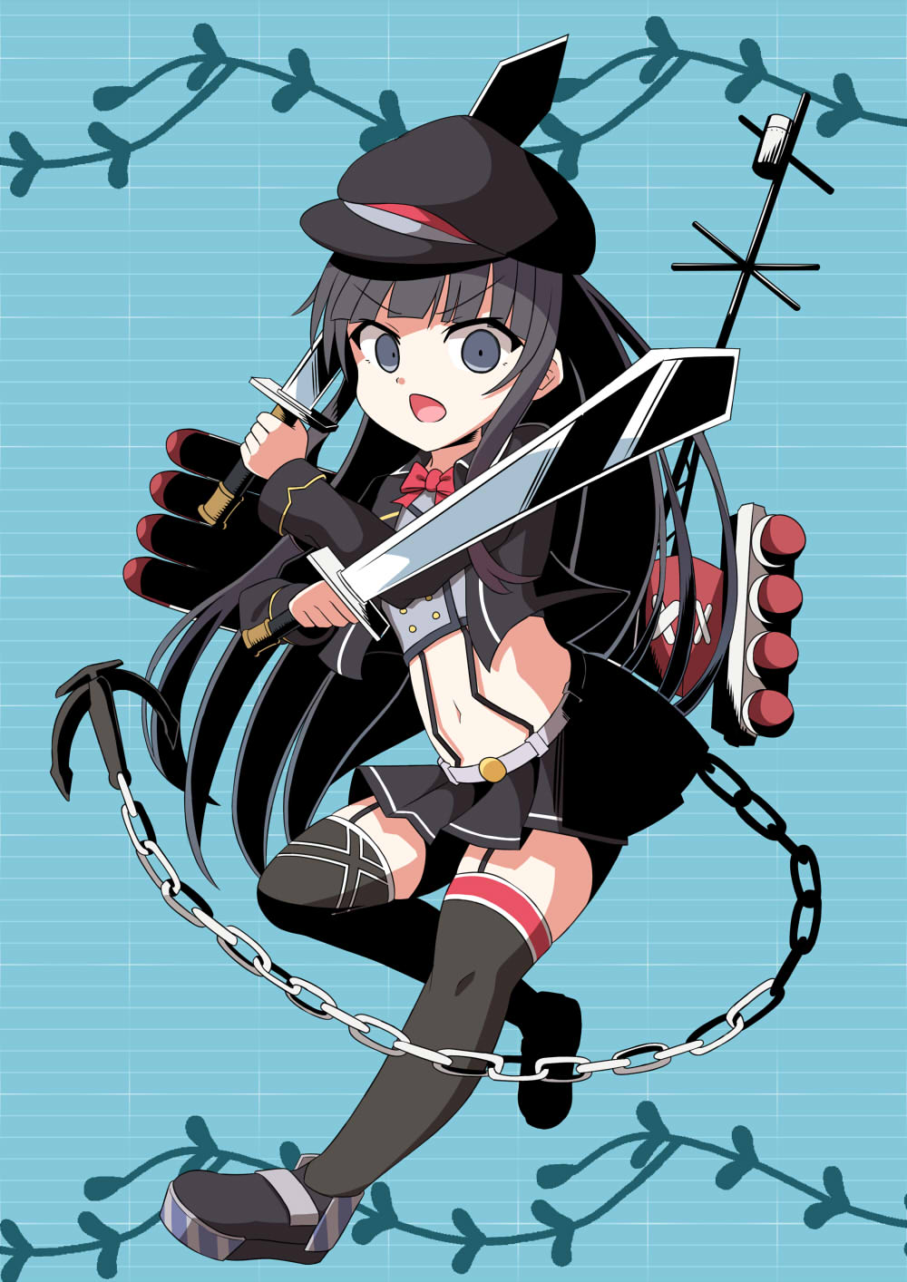 1girl azur_lane belt black_hair black_headwear black_jacket black_skirt black_thighhighs blue_background blunt_bangs bow bowtie chain commentary_request crop_top full_body highres holding holding_sword holding_weapon jacket long_hair looking_at_viewer midriff military military_uniform miniskirt navel oozeki_(v-necker) open_clothes open_jacket open_mouth pleated_skirt red_bow red_bowtie skirt solo sword thighhighs torpedo uniform v-shaped_eyebrows weapon z19_hermann_kunne_(azur_lane) zettai_ryouiki