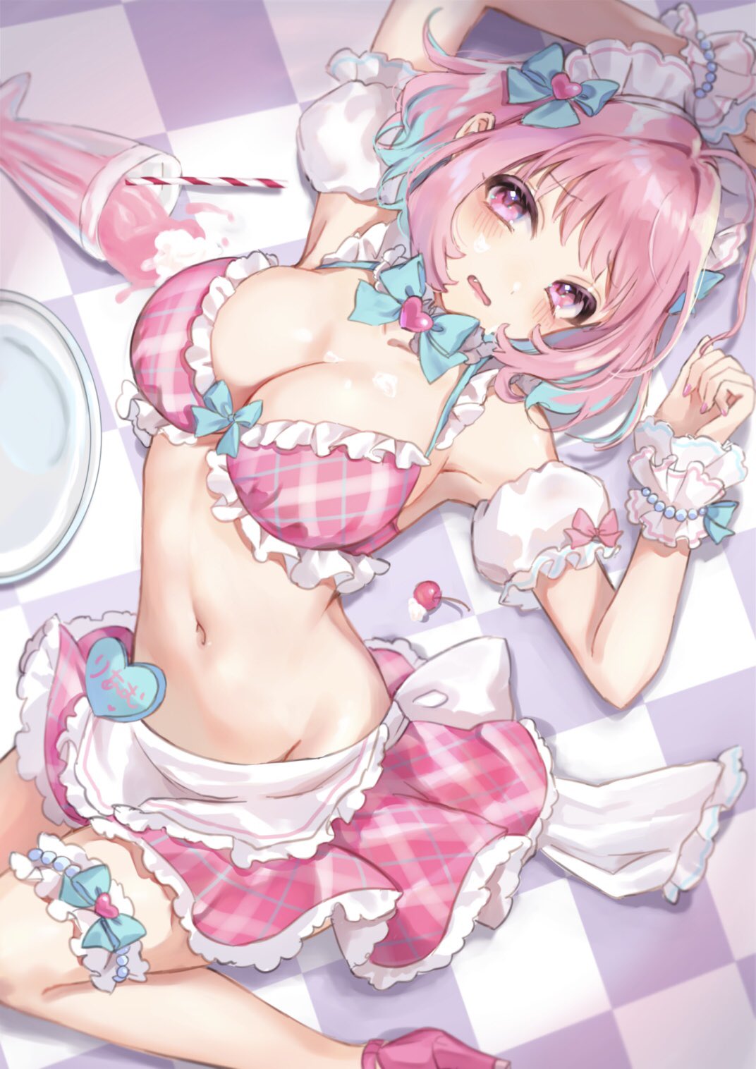 1girl ahoge anoa apron bead_bracelet beads bikini blue_bow blue_bowtie blue_hair blue_ribbon blush bow bowtie bracelet breasts character_name checkered_floor cherry choker cream cup detached_sleeves dot_nose drinking_straw fang food food_on_body frilled_apron frilled_bikini frilled_skirt frilled_sleeves frills from_above front-tie_bikini_top front-tie_top fruit hair_intakes hair_ornament hair_ribbon headdress heart heart_choker heart_hair_ornament high_heels highres idolmaster idolmaster_cinderella_girls idolmaster_cinderella_girls_starlight_stage jewelry large_breasts looking_at_viewer lying midriff multicolored_hair name_tag navel on_back open_mouth pink_bikini pink_eyes pink_footwear pink_hair pink_nails pink_skirt plaid plaid_bikini plaid_skirt ribbon scrunchie short_hair skirt solo spilling swimsuit thigh_strap tray two-tone_hair waist_apron wavy_mouth white_apron white_scrunchie wrist_ribbon wrist_scrunchie yumemi_riamu