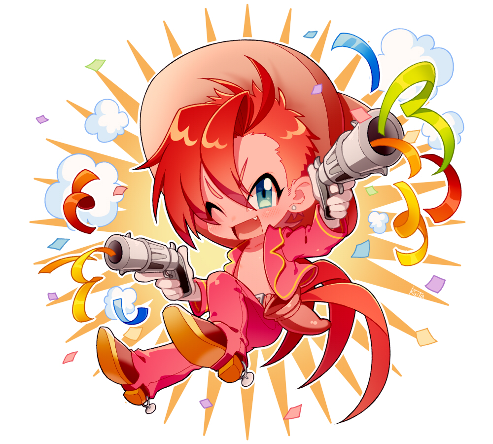 1boy belt blue_eyes boots chibi collarbone confetti cowboy_boots disney dual_wielding earrings fang gloves gun handgun hat holding humanization jacket jewelry jose_carioca kiri_futoshi male_focus one_eye_closed open_clothes open_mouth pants red_hair red_jacket red_pants revolver short_hair smoke solo sombrero spurs tail_feathers the_three_caballeros weapon white_gloves