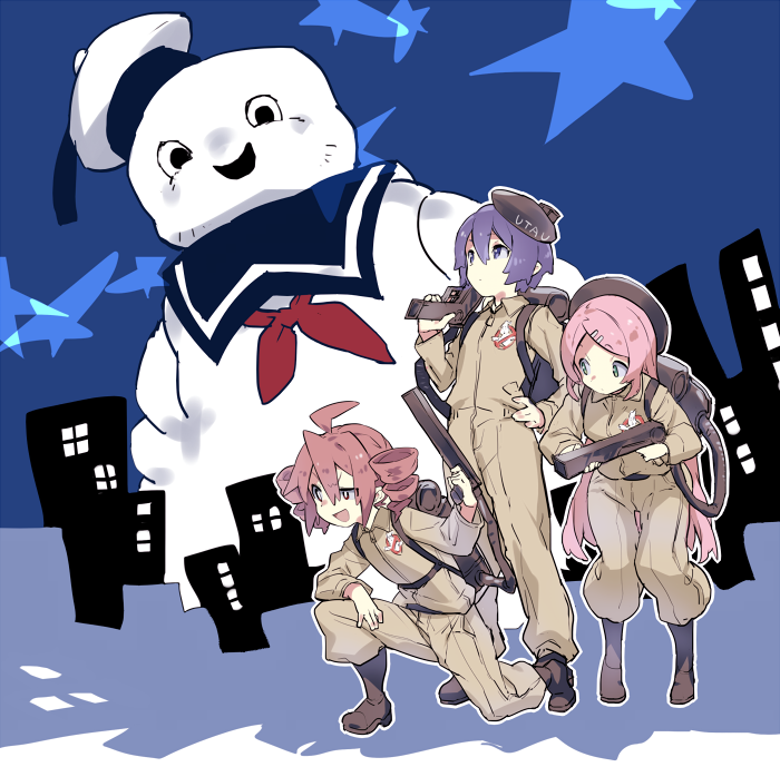 3girls ahoge beret black_footwear black_headwear blue_background boots brown_jumpsuit city commentary_request copyright_name crossover dot_mouth drill_hair full_body ghostbusters ghostbusters_uniform green_eyes hand_on_own_hip hand_up hat holding holding_weapon jumpsuit kasane_teto knee_boots leaning_forward long_hair long_sleeves looking_ahead looking_at_another looking_up momone_momo multiple_girls on_one_knee parody pink_hair proton_pack purple_eyes purple_hair raised_eyebrow raised_eyebrows red_eyes red_hair short_hair sin_(hankotsu_bunny) smile star_(symbol) stay_puft swept_bangs twin_drills uneven_eyes utane_uta utau very_long_hair weapon