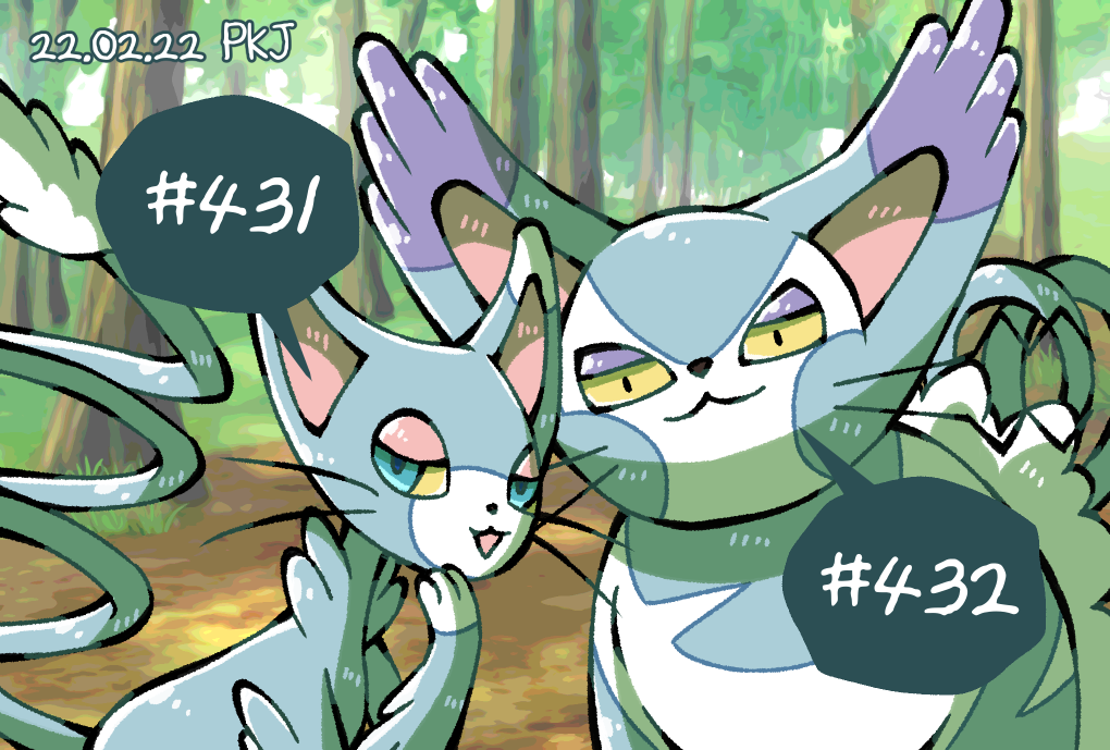 animal_focus artist_name blue_eyes cat cat_day colored_sclera dated forest glameow half-closed_eyes nature no_humans open_mouth pkj_(pikiju) pokedex_number pokemon pokemon_(creature) purugly smug speech_bubble whiskers yellow_sclera