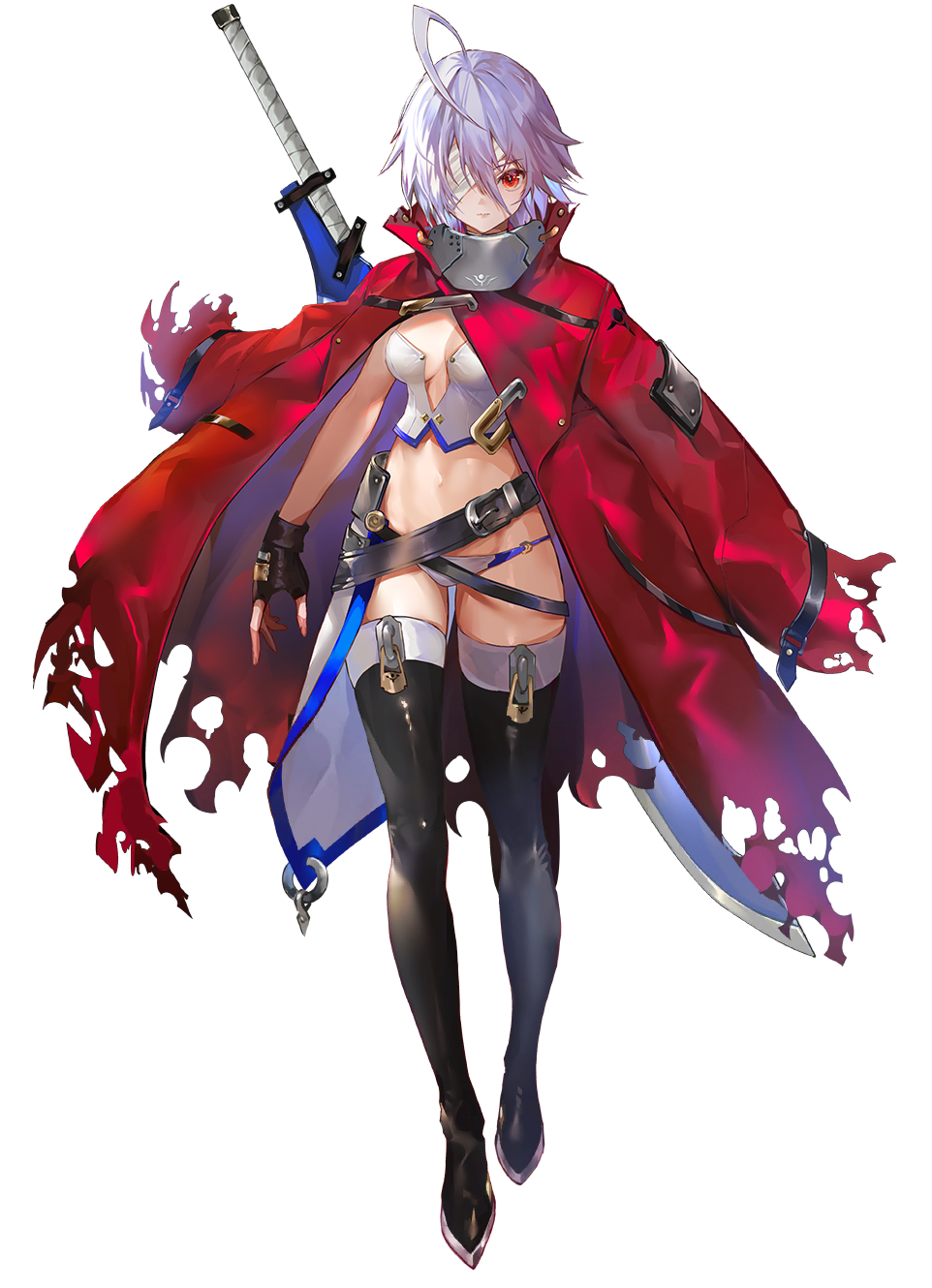 1girl ahoge bandage_over_one_eye bandages belt belt_buckle bikini bikini_bottom_only blazblue blazblue_alternative:_dark_war boots breasts buckle cleavage coat coat_on_shoulders fingerless_gloves full_body gloves highres hitaki_yuu jacket jacket_on_shoulders medium_breasts medium_hair navel nu-13 official_art red_coat red_eyes red_jacket stomach strapless swimsuit sword sword_on_back thigh_boots thighhighs third-party_source torn torn_clothes torn_coat transparent_background tube_top weapon weapon_on_back white_bikini white_hair white_tube_top