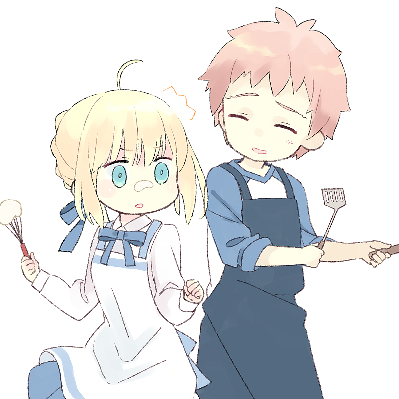 1boy 1girl 87banana ahoge apron artoria_pendragon_(fate) blonde_hair blue_bow bow couple emiya_shirou fate/stay_night fate_(series) green_eyes holding holding_spatula holding_whisk red_hair saber spatula whisk white_background