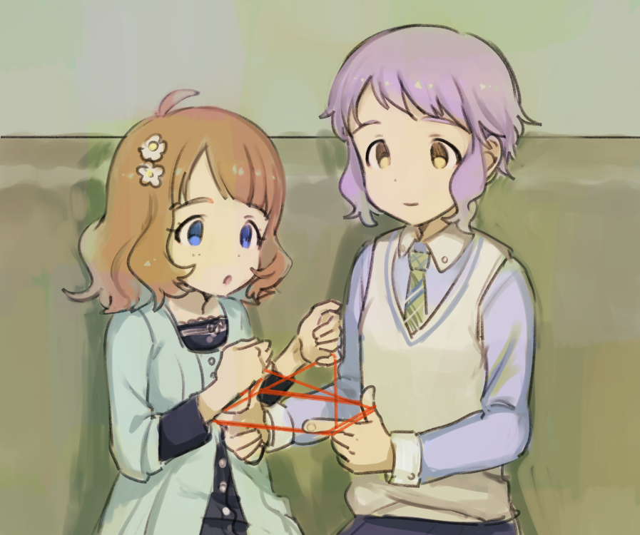 2girls :o ahoge aqua_dress blue_eyes blue_shirt brown_hair buttons cat's_cradle commentary_request couch dot_nose dress flat_chest flower green_necktie hair_flower hair_ornament idolmaster idolmaster_million_live! index_finger_raised indoors long_sleeves looking_at_another makabe_mizuki mimizubare multiple_girls necktie purple_hair shirt short_hair sidelocks sitting smile string suou_momoko upper_body vest wavy_hair white_vest wing_collar yellow_eyes