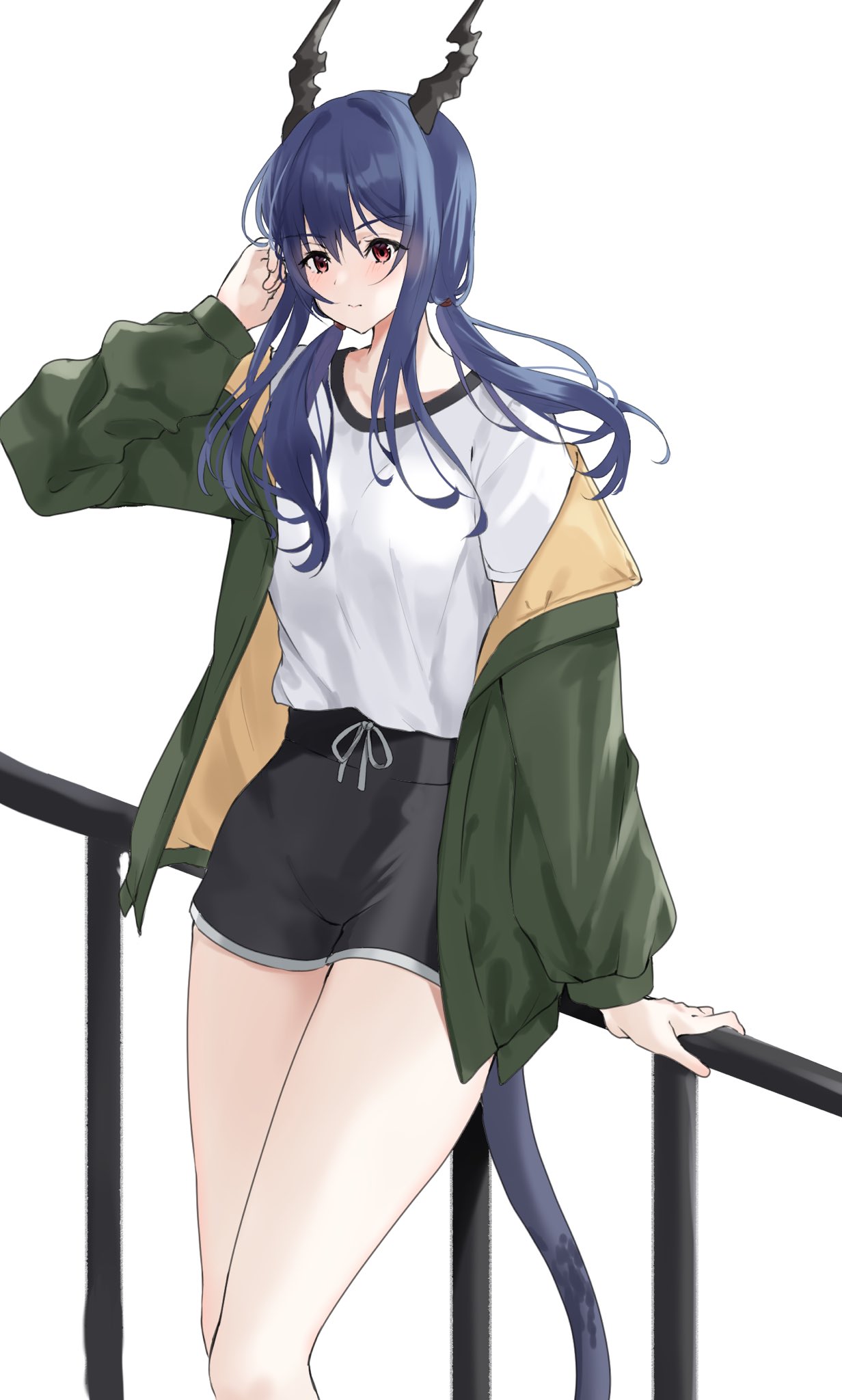 adjusting_hair against_railing alternate_costume arknights arm_behind_back black_shorts blue_hair blush casual ch'en_(arknights) dragon_girl dragon_horns dragon_tail green_jacket hair_between_eyes hand_to_head hand_to_own_face hand_up highres hip_focus horns jacket leaning_back legs_together lily0428 long_hair looking_at_viewer off_shoulder open_clothes open_jacket railing red_eyes shirt short_shorts shorts standing tail thighs wavy_mouth white_shirt
