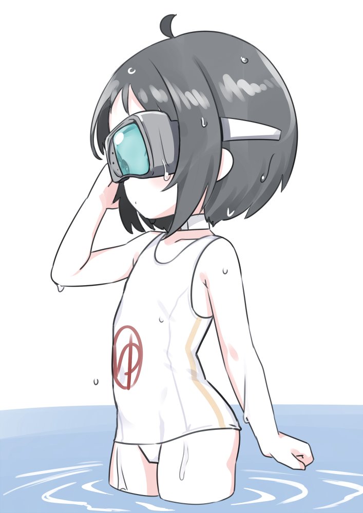 1girl ahoge black_hair choker clothes_writing diving_mask flat_chest goggles kantai_collection maru-yu_(kancolle) nassukun one-piece_swimsuit parted_bangs school_swimsuit short_hair simple_background solo standing swimsuit wading water wet wet_clothes wet_swimsuit white_background white_choker white_one-piece_swimsuit
