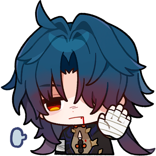 1boy ahoge bandaged_hand bandages blade_(honkai:_star_rail) blood blood_on_face chest_sarashi chibi chinese_clothes english_commentary hair_over_one_eye honkai:_star_rail honkai_(series) long_hair long_sleeves male_focus official_art parted_lips sarashi solo transparent_background