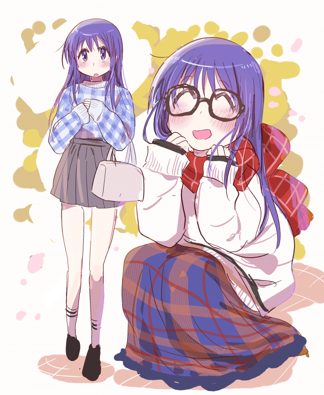 1girl bag bespectacled black-framed_eyewear blush closed_eyes dark_skin glasses handbag hinata_yukari long_hair long_sleeves looking_at_viewer official_alternate_costume open_mouth pleated_skirt purple_eyes purple_hair red_scarf scarf skirt smile solo sweater tatsunokosso white_sweater yuyushiki