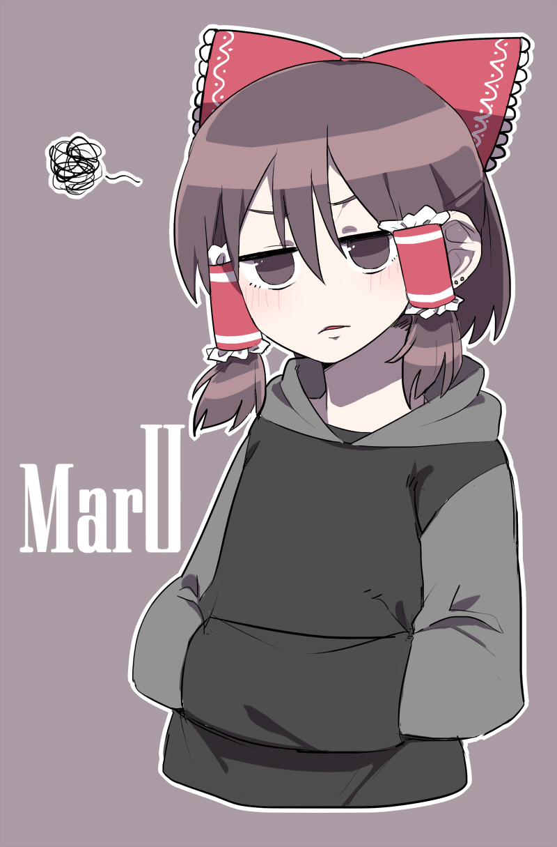1girl aaaa_(aaaa480) blush bow brown_eyes brown_hair character_name commentary_request cookie_(touhou) cropped_torso earrings flat_chest frilled_bow frilled_hair_tubes frills grey_background grey_hoodie hair_between_eyes hair_bow hair_tubes hakurei_reimu hands_in_pocket highres hood hood_down hoodie jewelry long_bangs looking_at_viewer maru_(cookie) open_mouth outline raglan_sleeves red_bow short_hair simple_background solo squiggle stud_earrings touhou upper_body white_outline