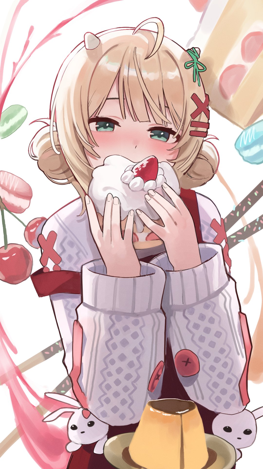 1girl ahoge blonde_hair blush buttons cake cake_slice covering_mouth cross_hair_ornament double_bun embarrassed food food-themed_background green_eyes grunel_(grunel_7979) hair_bun hair_ornament highres holding jelly long_sleeves looking_at_viewer macaron off_shoulder original overalls plate rabbit red_overalls sidelocks solo stick strawberry_cake sweater upper_body white_background white_sweater