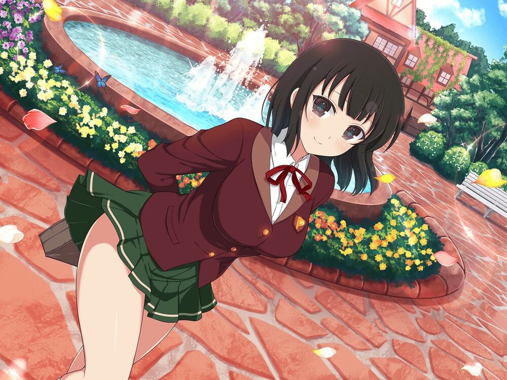 1girl bench black_eyes black_hair blue_butterfly blue_sky blush bow breasts bug building bush butterfly buttons cloud cobblestone cosplay day falling_petals flower fountain high_school_dxd house jacket kagura_(senran_kagura) large_breasts looking_at_viewer miniskirt official_art orange_flower outdoors park park_bench path petals plant purple_flower raynare raynare_(cosplay) red_bow red_flower red_jacket red_ribbon ribbon school_uniform senran_kagura senran_kagura_new_link shirt short_hair skirt sky smile solo stone_walkway symbol-shaped_pupils tree vines water white_flower white_shirt window yaegashi_nan yellow_flower