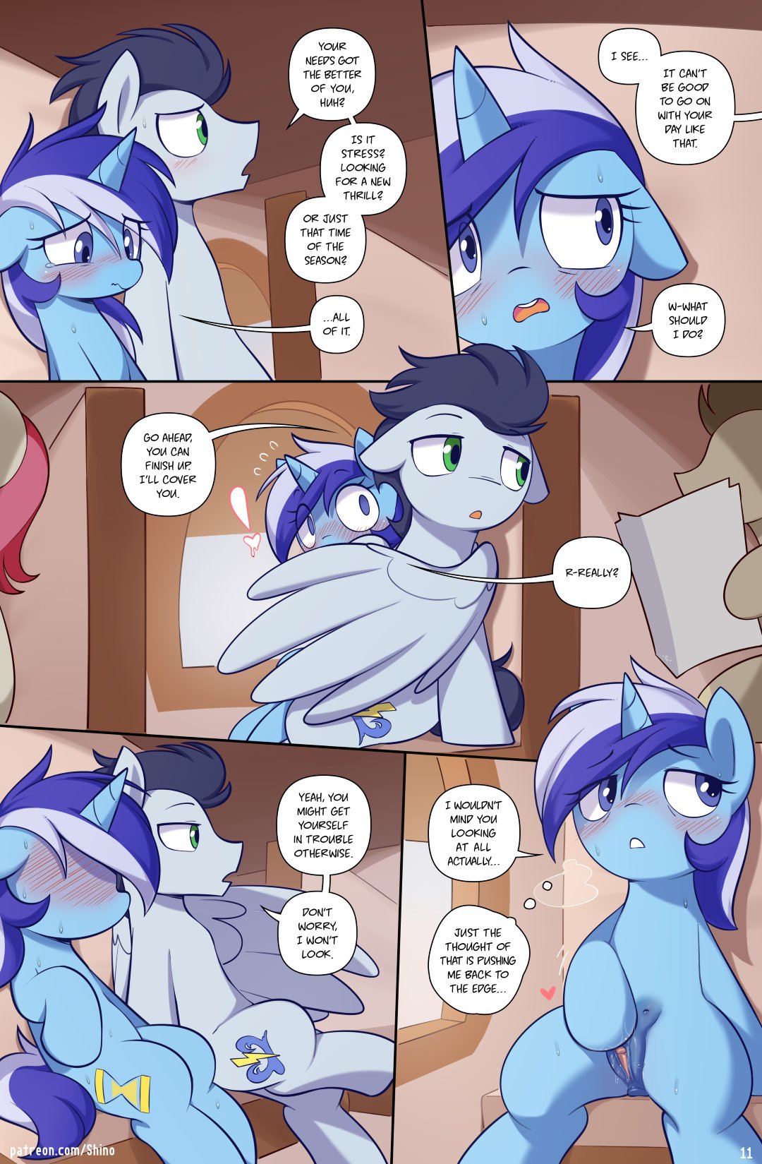 2023 anus blue_body blue_eyes blue_fur blue_hair blush blush_lines bodily_fluids comic covering doctor_whooves_(mlp) embarrassed english_text equid equine floppy_ears friendship_is_magic fur genitals green_eyes hair hasbro hi_res horn mammal masturbation minuette_(mlp) my_little_pony pegasus pussy rose_(mlp) shinodage soarin_(mlp) spread_wings sweat sweatdrop text unicorn url wings wonderbolts_(mlp)