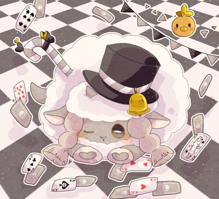 animal_focus black_sclera candy candy_cane card checkered_background checkered_floor colored_sclera food hanabusaoekaki hat hat_bell no_humans one_eye_closed pikachu_print playing_card pokemon pokemon_(creature) sheep top_hat torchic white_eyes wool wooloo