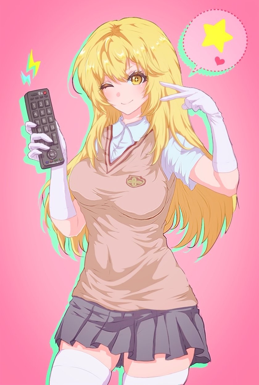 1girl ;) blonde_hair breasts brown_sweater_vest collared_shirt commentary_request controller cowboy_shot elbow_gloves gloves grey_skirt hair_between_eyes heart highres holding holding_remote_control large_breasts lightning_bolt_symbol long_hair nuuu9999 one_eye_closed pink_background pleated_skirt remote_control school_emblem school_uniform shirt shokuhou_misaki skirt smile solo sparkling_eyes spoken_heart spoken_star star_(symbol) summer_uniform sweater_vest thighhighs toaru_kagaku_no_mental_out toaru_kagaku_no_railgun toaru_majutsu_no_index tokiwadai_school_uniform v white_gloves white_shirt white_thighhighs