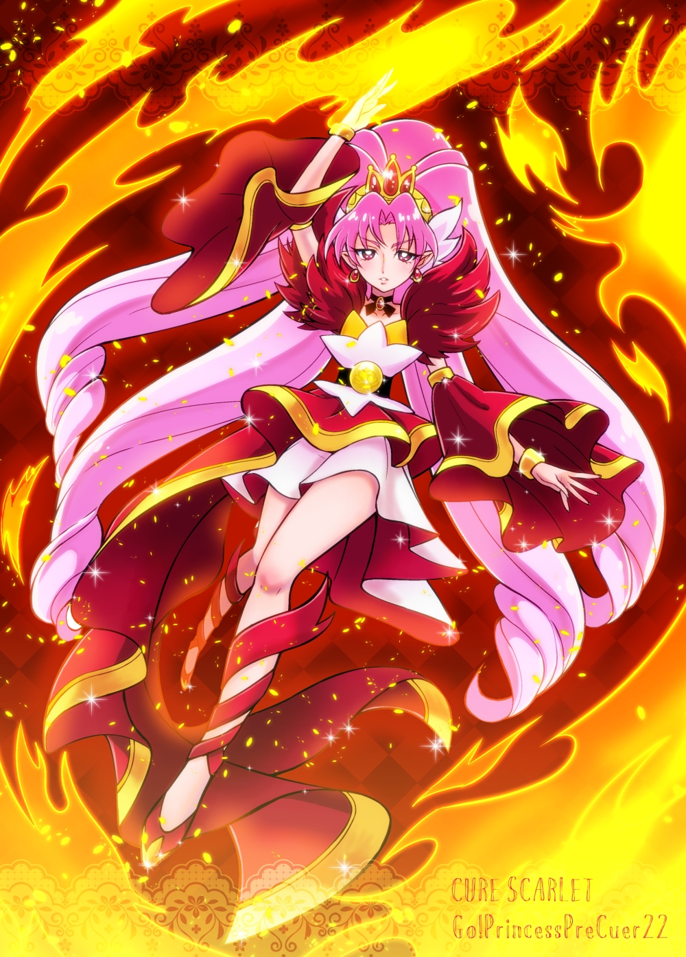 1girl akagi_towa belt bow choker cure_scarlet detached_sleeves earrings fiery_background fire go!_princess_precure highres jewelry long_hair looking_at_viewer magical_girl nanjou_akimasa parted_bangs pink_hair pointy_ears precure red_eyes red_sleeves skirt solo very_long_hair