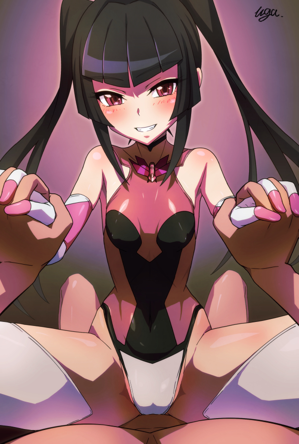 1boy 1girl black_hair blunt_bangs breasts covered_navel covered_nipples girl_on_top gloves leotard long_hair looking_at_viewer pink_eyes pink_leotard pov senki_zesshou_symphogear shiny_clothes shiny_skin skin_tight small_breasts smile solo_focus straddling thighhighs tsukuyomi_shirabe twintails uganda_(ugandam_00)