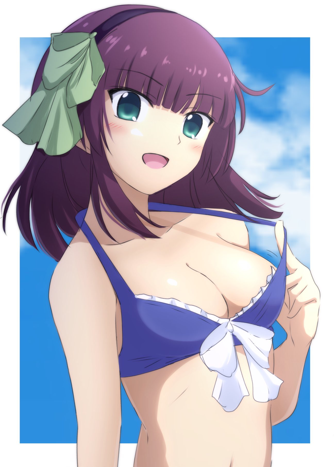 1girl :d alternate_costume angel_beats! arm_at_side bikini bikini_tug black_hairband blue_background blue_bikini blunt_bangs blush bow breasts cleavage collarbone commentary frilled_bikini frills green_bow green_eyes hair_bow hairband halterneck highres index_finger_raised lelie_(lelie_link) looking_at_viewer medium_breasts motion_lines nakamura_yuri open_mouth purple_hair simple_background smile solo straight_hair swimsuit upper_body