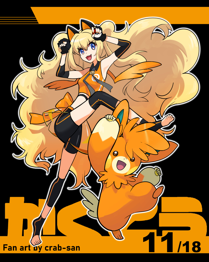 1girl :3 animal_ears bare_shoulders bike_shorts blonde_hair blue_eyes blush_stickers cat_ears clenched_hands crab-san crop_top elbow_sleeve fingerless_gloves gloves headset leg_up long_hair midriff open_mouth pawmot poke_ball poke_ball_(basic) pokemon pokemon_(creature) project_voltage seeu shin_guards smile toeless_footwear very_long_hair vocaloid