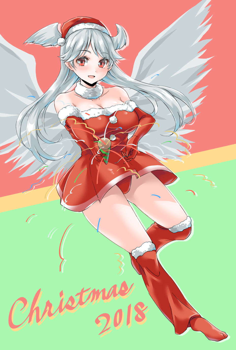 1girl 2018 :d angel_wings bare_shoulders christmas cleaver collarbone dress elbow_gloves final_fantasy final_fantasy_tactics fur-trimmed_dress fur-trimmed_gloves fur-trimmed_thighhighs fur_choker fur_trim gloves grey_hair hat head_wings highres long_hair looking_at_viewer red_dress red_eyes red_footwear red_gloves red_headwear red_thighhighs santa_hat sleeveless sleeveless_dress smile solo strapless strapless_dress takomeshi thighhighs ultima_(fft) wings