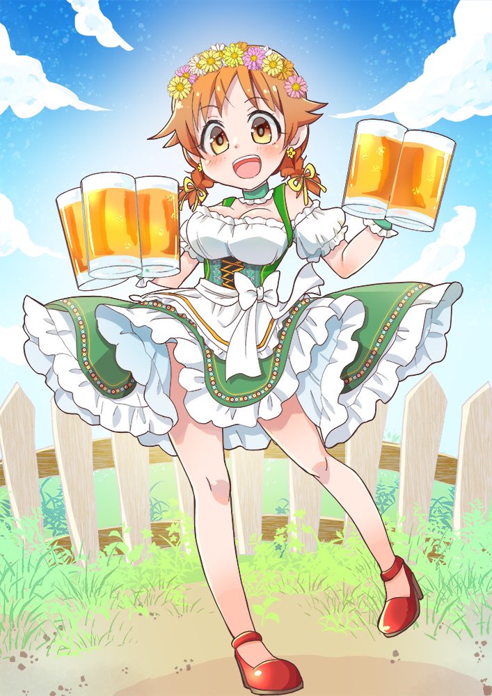 1girl apron asami beer_mug blue_sky blush bow braid breasts brown_eyes brown_hair choker cleavage cloud commentary cup day detached_sleeves dirndl dress earrings fence flower_earrings frilled_skirt frilled_wristband frills german_clothes grass green_choker green_dress head_wreath holding idolmaster idolmaster_cinderella_girls jewelry katagiri_sanae large_breasts legs looking_at_viewer low_twin_braids medium_hair mug open_mouth outdoors red_footwear ribbon skirt sky smile solo teeth thighs twin_braids upper_teeth_only waist_apron white_bow wooden_fence yellow_ribbon