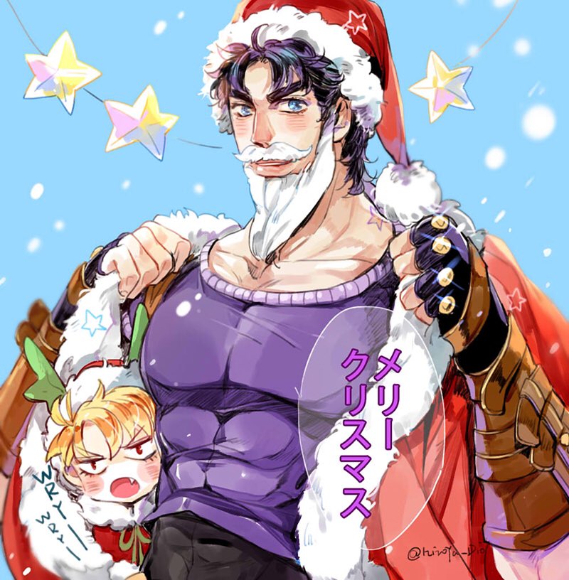 2boys black_hair blonde_hair blue_eyes blue_hair chibi christmas dio_brando fake_beard fake_facial_hair fang hat hatoyama_itsuru holding holding_sack jojo_no_kimyou_na_bouken jonathan_joestar large_pectorals male_focus merry_christmas multiple_boys pectorals phantom_blood sack santa_hat shirt tight tight_shirt white_hair