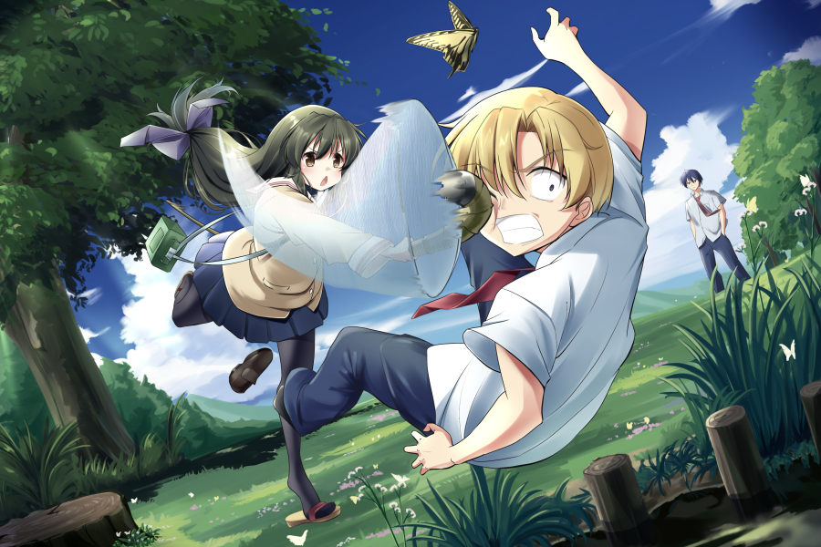 1girl 2boys black_pantyhose blonde_hair blue_hair blue_pants blue_skirt blue_sky blush bow brown_eyes bug butterfly butterfly_net chestnut_mouth clannad clenched_teeth cloud commentary_request day dutch_angle failure fighting_stance grass green_hair hair_between_eyes hair_bow hand_net hikarizaka_private_high_school_uniform hitting ibuki_fuuko jacket long_hair long_sleeves low-tied_long_hair midair miniskirt multiple_boys nature necktie okazaki_tomoya open_mouth outdoors pants pantyhose pleated_skirt purple_bow red_necktie sandals school_uniform shirt short_hair short_sleeves skirt sky standing standing_on_one_leg sunohara_youhei tagame_(tagamecat) teeth tree white_shirt wide-eyed wide_shot yellow_butterfly yellow_jacket