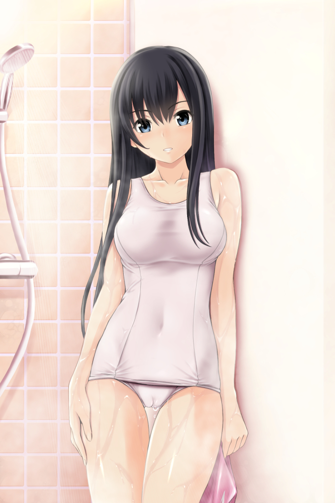 1girl against_wall black_hair blue_eyes breasts cameltoe collarbone commentary_request covered_navel cowboy_shot grin hair_between_eyes hand_on_own_thigh holding kamikawa_tamaki legs_together long_hair looking_at_viewer medium_breasts nonaka_ritsu old_school_swimsuit one-piece_swimsuit original school_swimsuit shadow shower_head showering sidelocks smile solo standing straight_hair swim_cap swim_cap_removed swimsuit taut_clothes thigh_gap tile_wall tiles wet wet_clothes wet_swimsuit white_one-piece_swimsuit