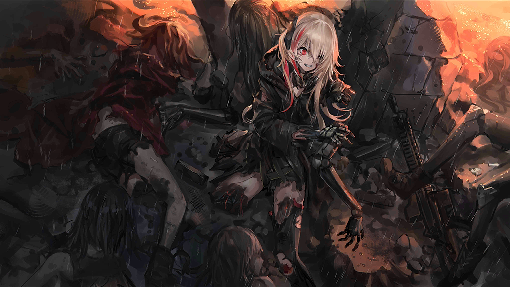 6+girls after_battle amputee android artist_request black_jacket black_thighhighs blonde_hair clenched_teeth corpse double_amputee embers foot_out_of_frame game_cg girls'_frontline gun hair_between_eyes headgear holding holding_limb jacket long_hair m4_sopmod_ii m4_sopmod_ii_(girls'_frontline) mechanical_arms mechanical_parts missing_eye missing_limb multicolored_hair multiple_girls official_art rain red_eyes red_hair ruins solo_focus spoilers streaked_hair teeth thighhighs torn_clothes torn_jacket torn_thighhighs weapon wire