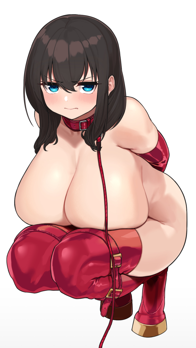 1girl angry arms_behind_back blue_eyes blush breasts brown_hair closed_mouth collar covering_nipples elbow_gloves gloves highres huge_breasts iwami_sayaka leash long_hair omizu_(h2o) original red_footwear red_thighhighs restrained shoes solo squatting thighhighs