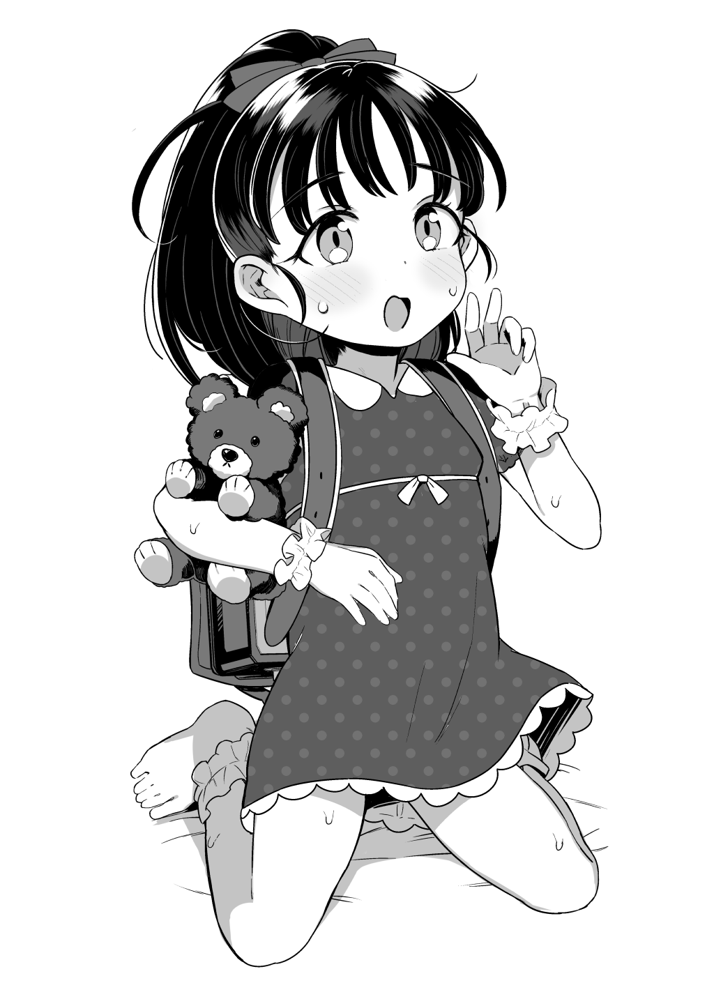 1girl backpack bag barefoot blush bow commentary dot_nose dress flat_chest fukuyama_mai greyscale hair_bow hand_up highres holding holding_stuffed_toy idolmaster idolmaster_cinderella_girls kereno kneeling long_hair looking_at_viewer monochrome on_bed open_mouth polka_dot polka_dot_dress ponytail randoseru short_sleeves solo stuffed_animal stuffed_toy sweat teddy_bear thighs v white_background