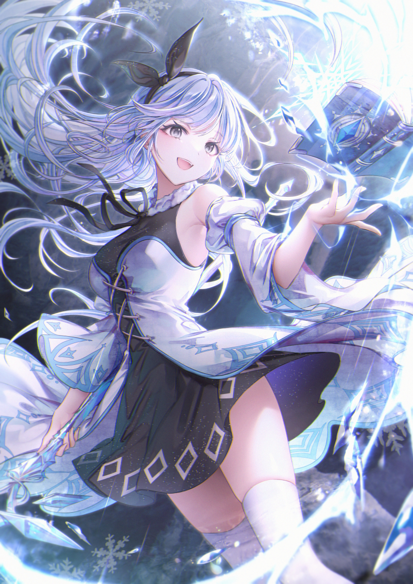 1girl :d bare_shoulders black_dress black_hairband black_ribbon book breasts character_request commentary_request detached_sleeves dress floating_hair grey_eyes grey_hair hair_ribbon hairband hand_up highres holding juliet_sleeves long_hair long_sleeves looking_at_viewer looking_to_the_side maplestory medium_breasts open_book ozzingo puffy_sleeves ribbon sleeveless sleeveless_dress smile solo thighhighs very_long_hair white_sleeves white_thighhighs wide_sleeves
