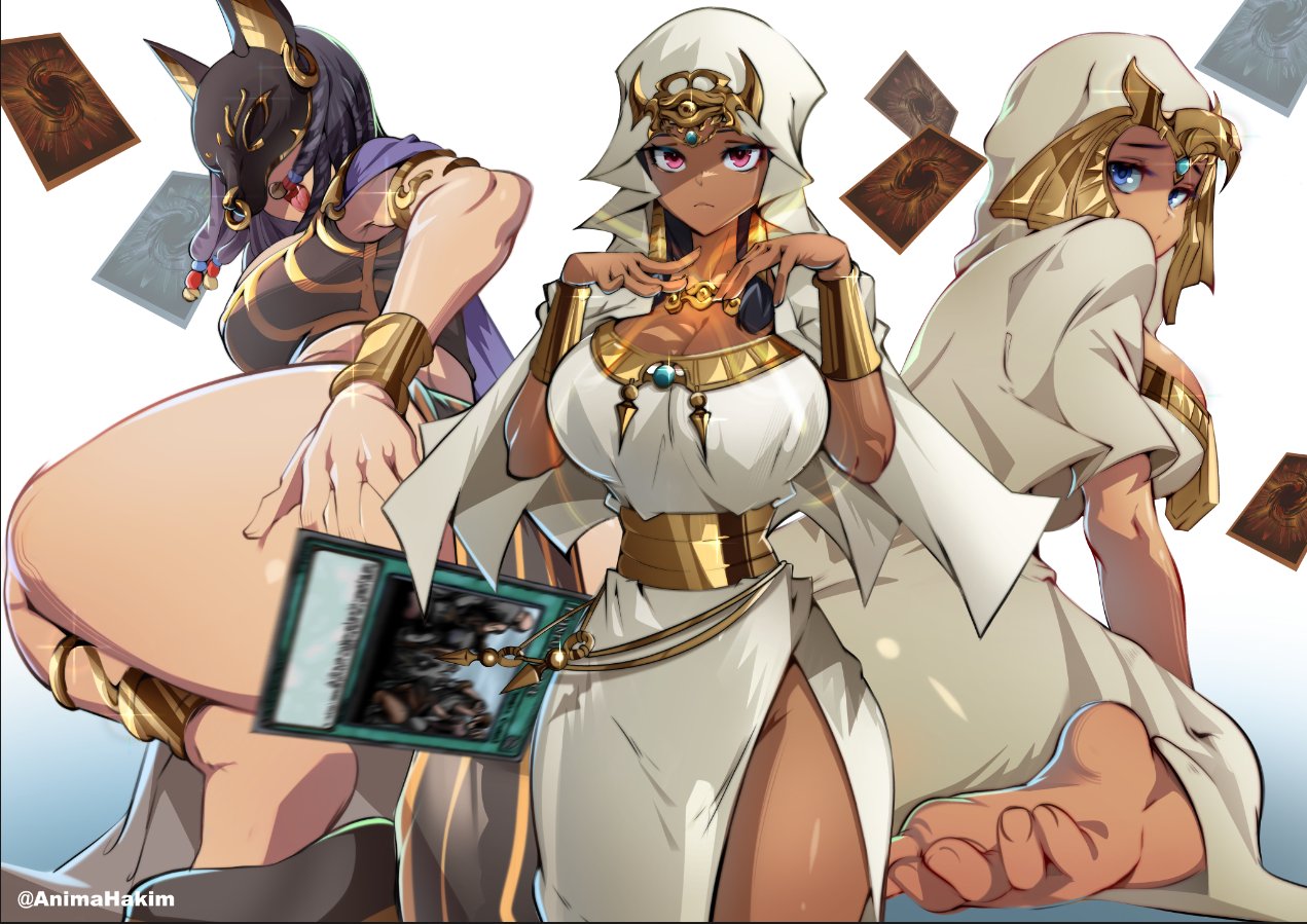 3girls animahakim ass barefoot bent_over black_footwear black_mask blue_eyes bracelet breasts dark-skinned_female dark_skin dress duel_monster egypt egyptian egyptian_clothes gold_bracelet gravekeeper's_spiritualist headgear ishizu_ishtar isis_(yu-gi-oh!) jewelry large_breasts looking_at_viewer mask mask_on_head millennium_necklace multiple_girls open_mouth red_eyes side_slit tan thick_thighs thighs trading_card twitter_username white_background white_dress yu-gi-oh! yu-gi-oh!_duel_monsters