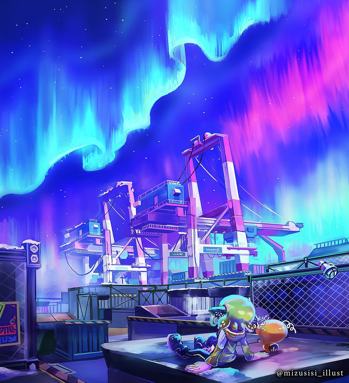 agent_3_(splatoon_3) artist_name aurora blonde_hair cargo chain-link_fence construction fence highres mizushishi night night_sky outdoors scenery shipping_container short_hair sitting sky splatoon_(series) splatoon_3 star_(sky)