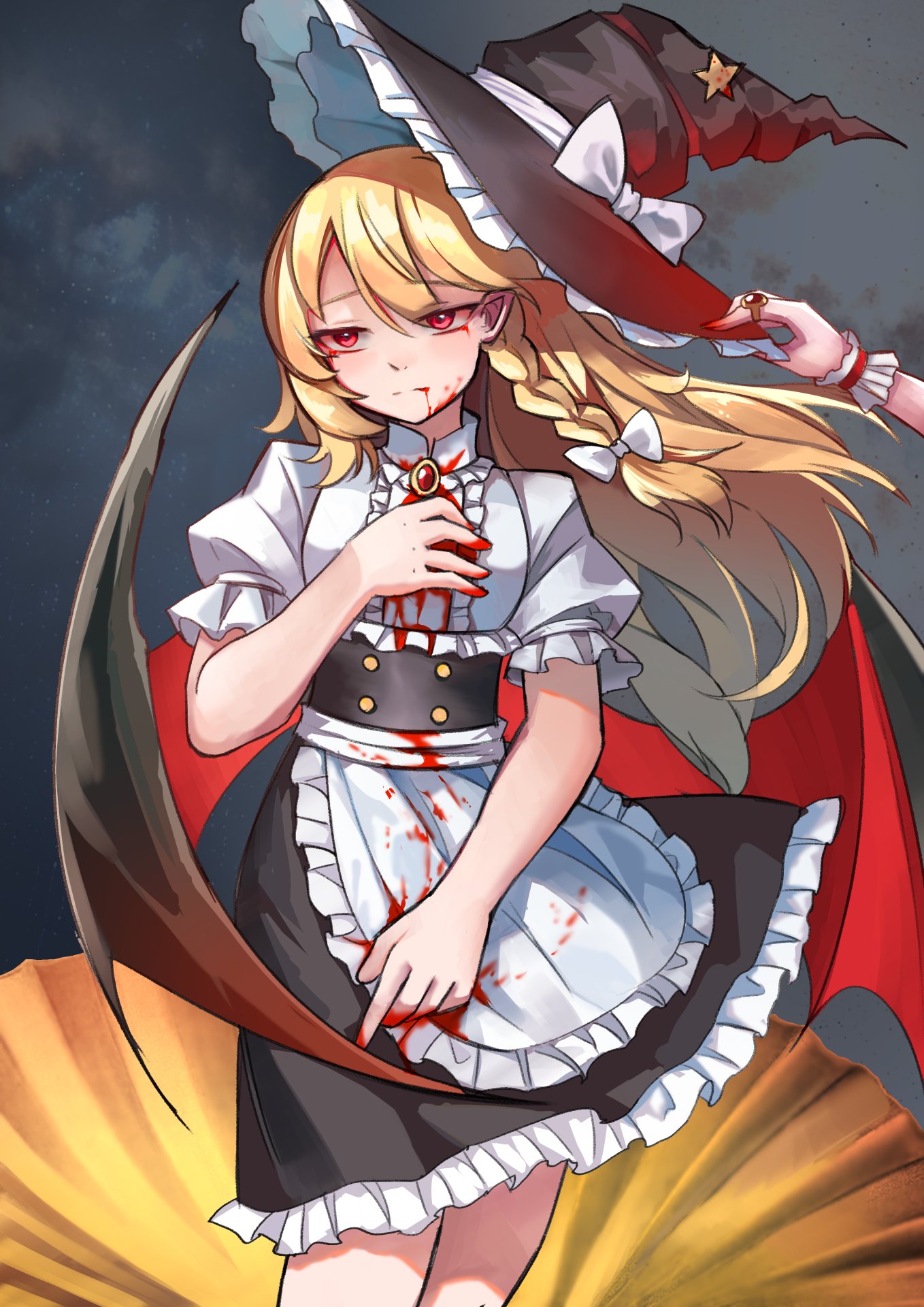1girl a-xii apron bat_wings black_headwear black_skirt blonde_hair blood blood_on_face blood_on_hands blood_splatter bow braid buttons center_frills chinese_commentary closed_mouth cloud cloudy_sky collared_shirt commentary_request frilled_apron frilled_cuffs frilled_hat frilled_skirt frilled_sleeves frills frown gem hair_bow hand_on_another's_hat hand_on_own_chest hat hat_bow hat_ribbon highres jewelry kirisame_marisa long_hair monsterification neck_jewel pointy_ears puffy_short_sleeves puffy_sleeves red_eyes red_gemstone remilia_scarlet ribbon ring shirt short_sleeves single_braid single_wrist_cuff skirt sky touhou vampire waist_apron white_apron white_bow white_ribbon white_shirt wings witch_hat wrist_cuffs