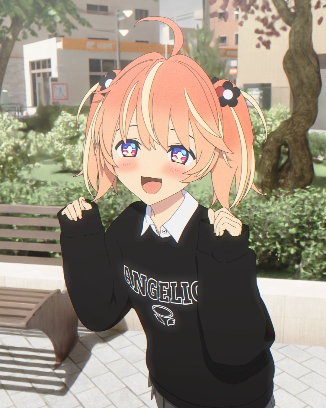 +_+ 1girl 3d ahoge bench black_skirt black_sweater blender_(medium) blonde_hair blush bright_pupils bush clothes_writing collared_shirt cowboy_shot day dot_nose flower grass hair_flower hair_ornament hands_up highres long_sleeves looking_at_viewer medium_hair miniskirt multicolored_eyes multicolored_hair open_mouth orange_hair outdoors park park_bench pink_eyes pleated_skirt print_sweater purple_eyes rinne_(rinrinne) rinrinne rinrinne39_(artist) shirt skirt sleeves_past_wrists smile solo standing streaked_hair sweater tree two_side_up virtual_youtuber white_pupils white_shirt