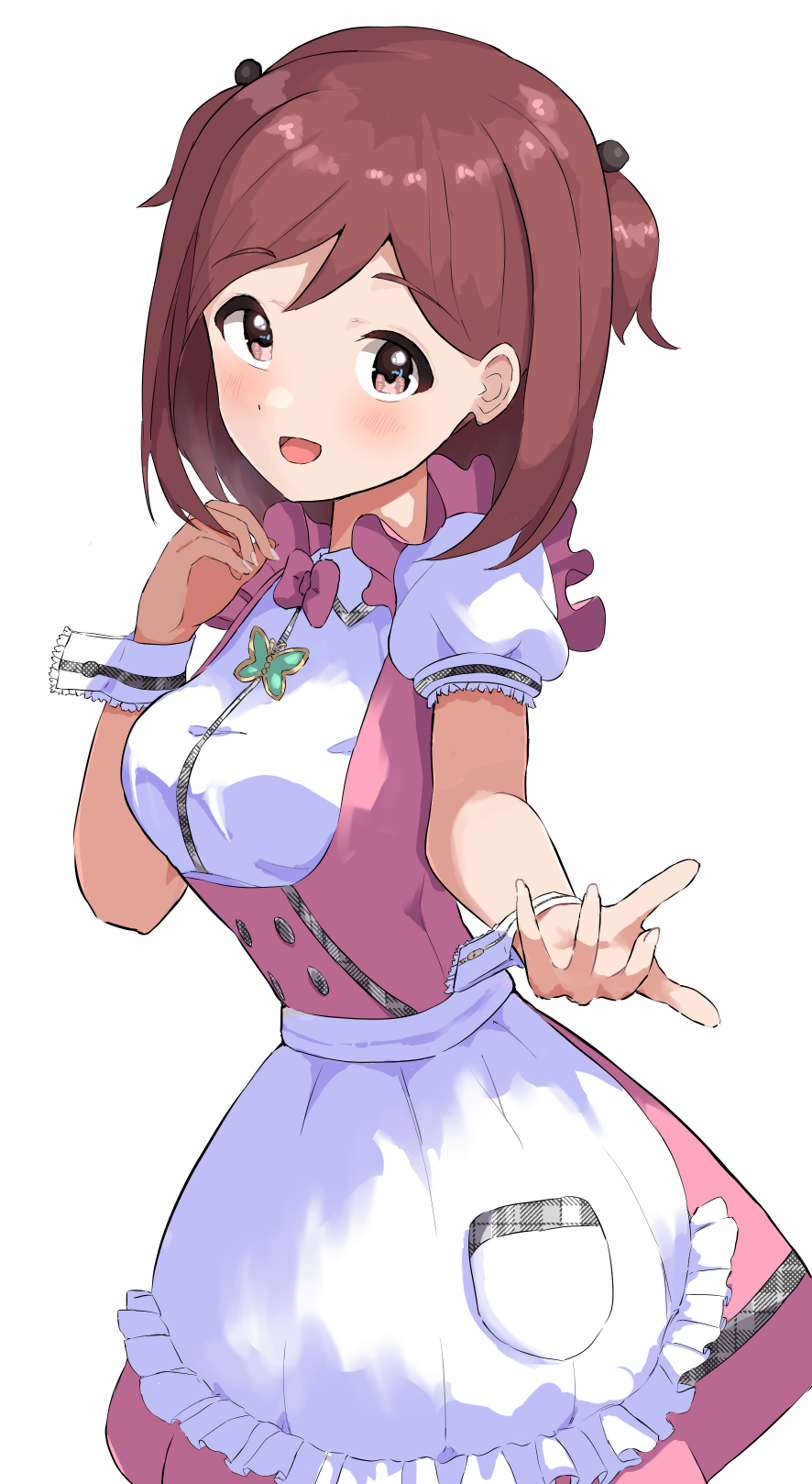 1girl aoba_misaki apron black_bow blush bow bowtie brown_eyes brown_hair dot_nose dress ebifu frilled_apron frills hair_bow hand_up highres idolmaster idolmaster_million_live! idolmaster_million_live!_theater_days looking_at_viewer open_mouth pink_bow pink_bowtie pink_dress puffy_short_sleeves puffy_sleeves reaching reaching_towards_viewer short_hair short_sleeves simple_background smile solo two_side_up waist_apron white_apron white_background wrist_cuffs