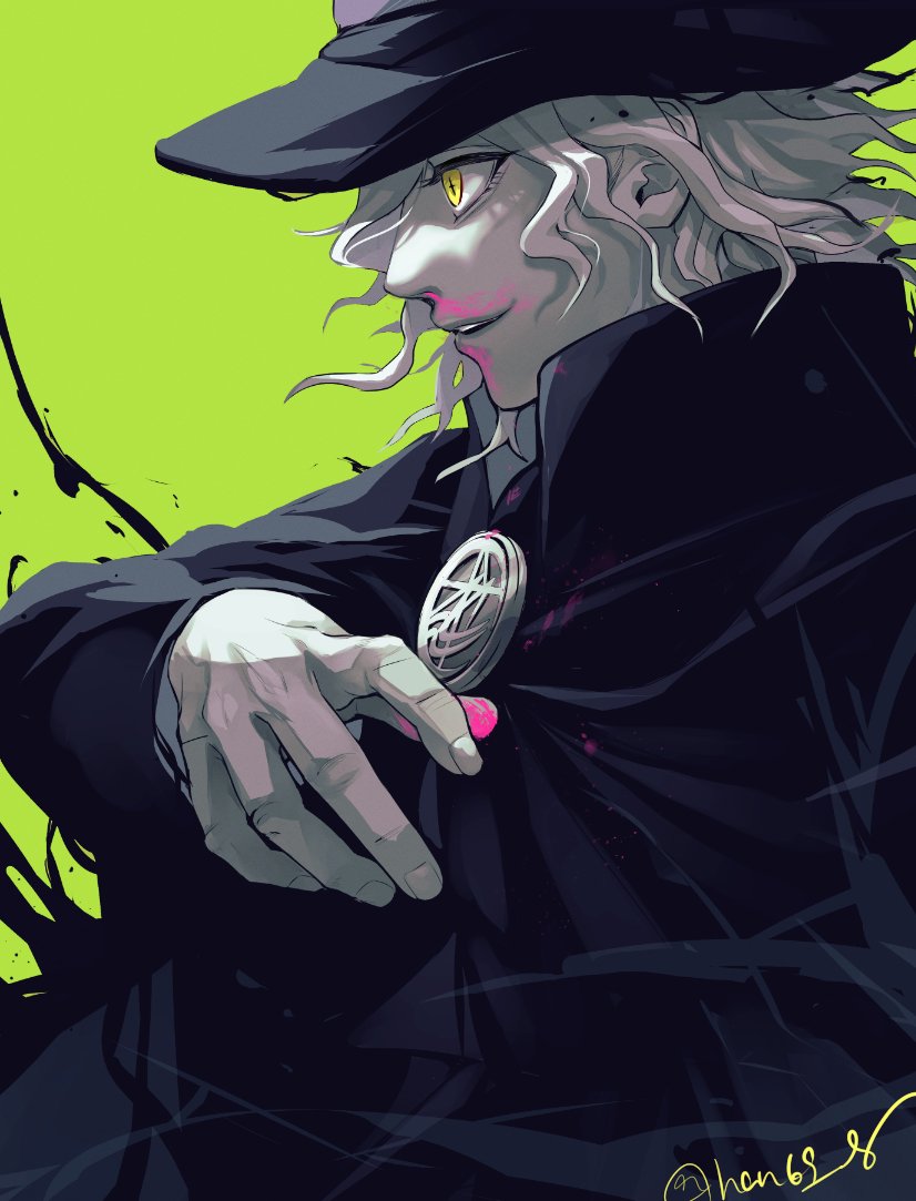 1boy bantian96 black_cloak black_headwear blood blood_on_face cloak cross-shaped_pupils edmond_dantes_(fate) fate/grand_order fate_(series) fingernails from_side green_background hat male_focus nosebleed pale_skin pink_blood short_hair signature simple_background solo symbol-shaped_pupils wavy_hair white_hair wiping_nosebleed yellow_eyes