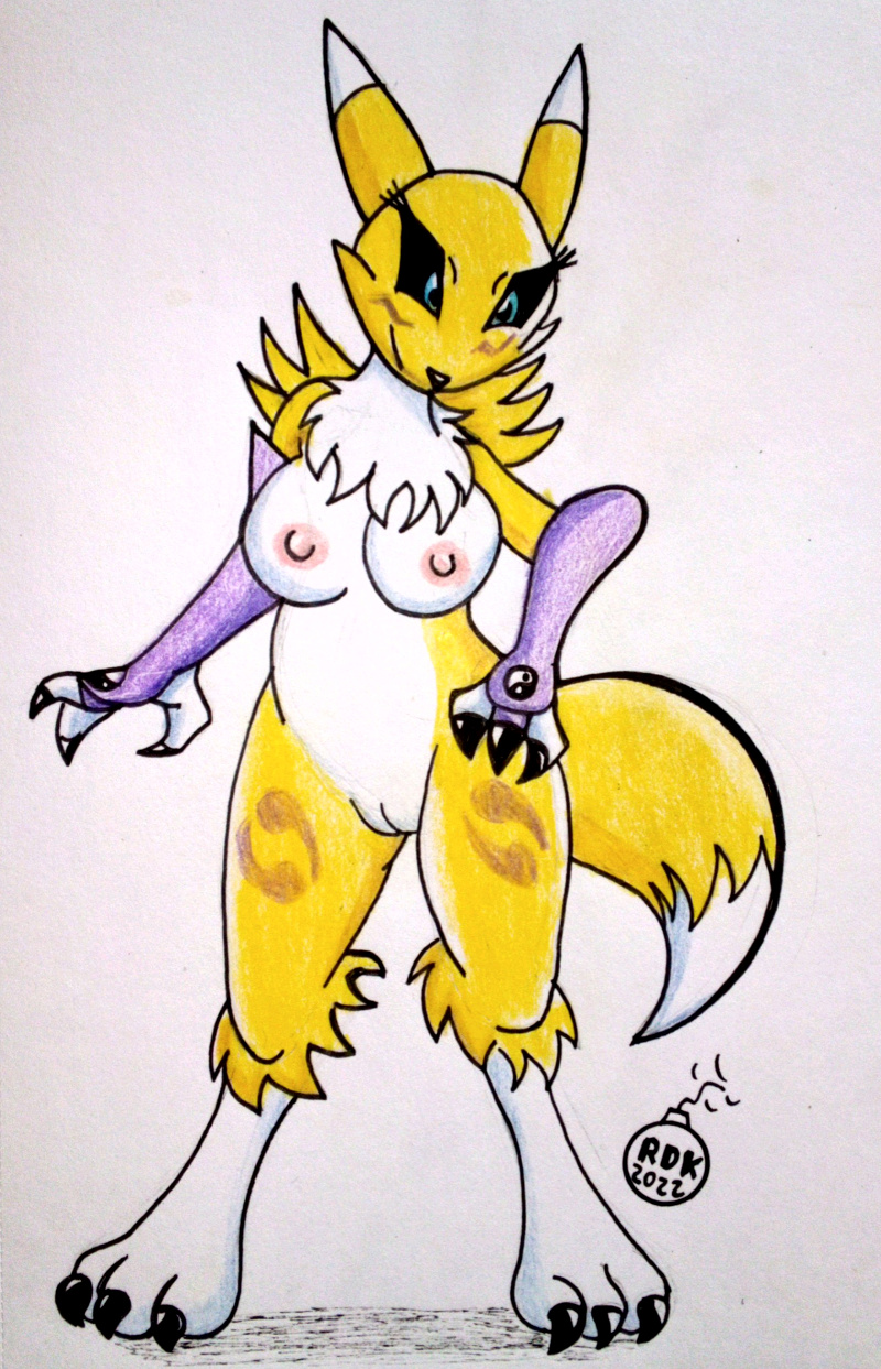 anthro bandai_namco big_breasts blue_eyes breasts canid canine claws digimon digimon_(species) digitigrade female fox genitals hi_res mammal nude paws pussy reddragonkan renamon smile solo traditional_media_(artwork)