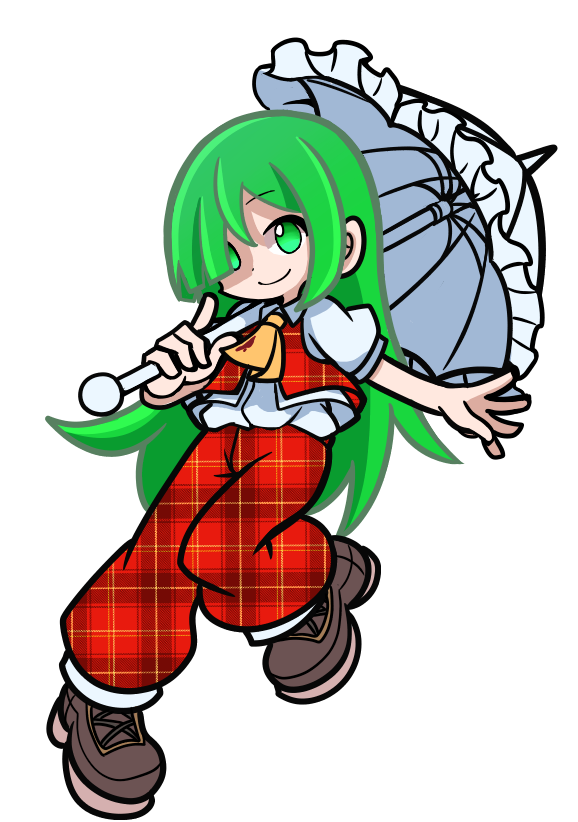 1girl ascot closed_mouth collared_shirt full_body green_eyes green_hair grey_footwear hair_over_one_eye holding holding_umbrella kazami_yuuka kazami_yuuka_(pc-98) long_hair looking_at_viewer pants parody plaid plaid_pants plaid_vest puyopuyo red_pants red_vest shinmon_akika shirt short_sleeves smile solo style_parody touhou touhou_(pc-98) umbrella unmoving_pattern vest white_shirt white_umbrella yellow_ascot