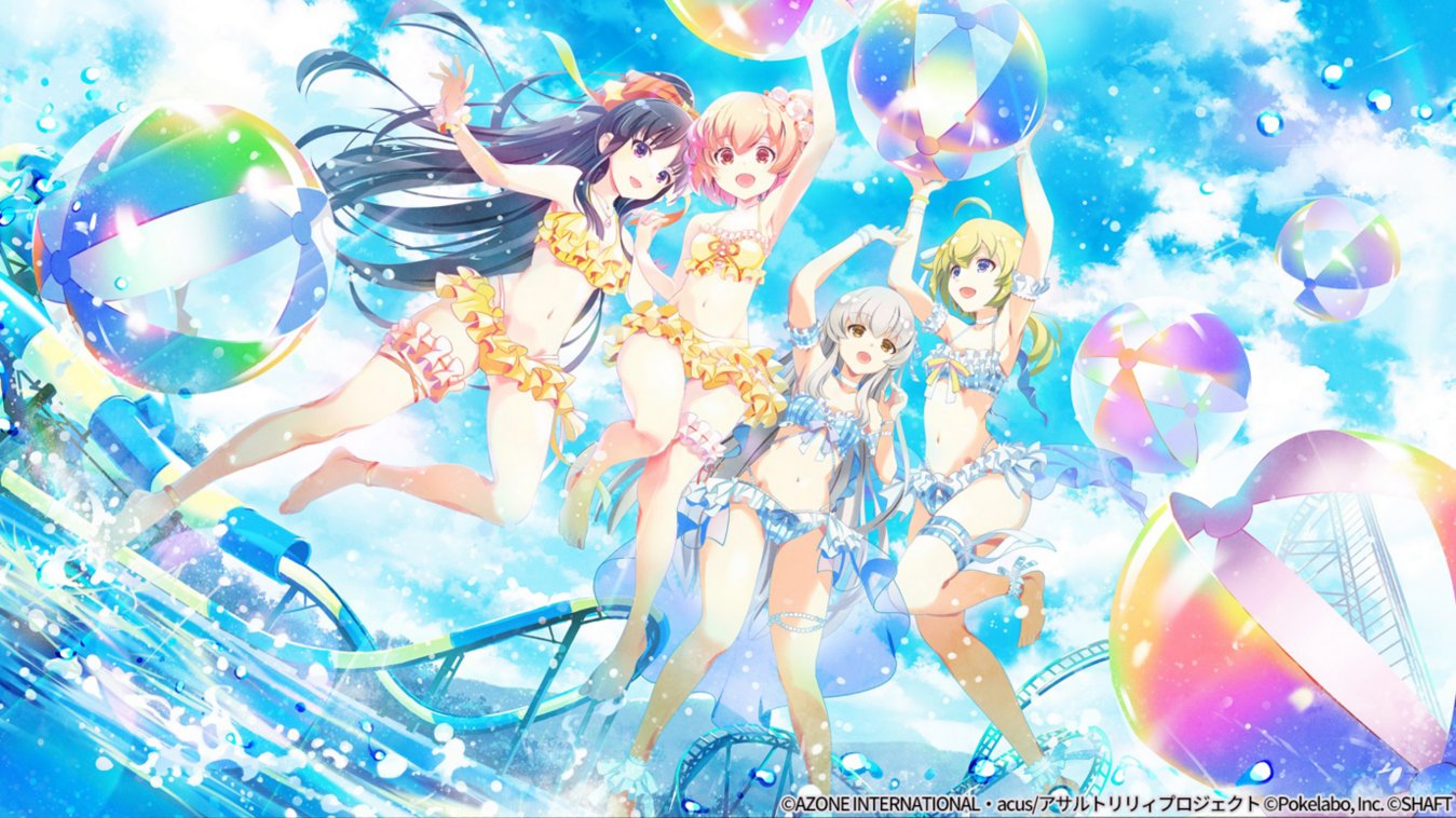 4girls :d ahoge amano_soraha ankle_garter anklet arm_up arms_up assault_lily ball bare_arms bare_legs bare_shoulders barefoot beachball bikini bikini_skirt black_hair blonde_hair blue_bikini blue_sky bow bracelet bridal_garter brown_eyes choker cloud commentary_request day dutch_angle egawa_kusumi floating_hair flower frilled_bikini frills from_below front-tie_bikini_top front-tie_top grey_hair hair_bow hair_flower hair_ornament halterneck hand_up hitotsuyanagi_riri holding holding_ball holding_beachball holding_hands interlocked_fingers jewelry jumping lens_flare long_hair looking_at_object looking_at_viewer looking_up low_ponytail midair multi-strapped_bikini multi-strapped_bikini_bottom multiple_girls navel necklace official_alternate_costume official_alternate_hairstyle official_art one_side_up open_mouth outdoors pendant pink_eyes pink_hair plaid plaid_bikini ponytail pool purple_eyes purple_ribbon red_bow ribbon roller_coaster see-through shirai_yuyu short_hair sidelocks sky smile stomach swimsuit thigh_strap two-tone_bikini very_long_hair water water_drop water_slide waterpark white_bikini white_choker white_flower white_ribbon yellow_bikini yellow_ribbon