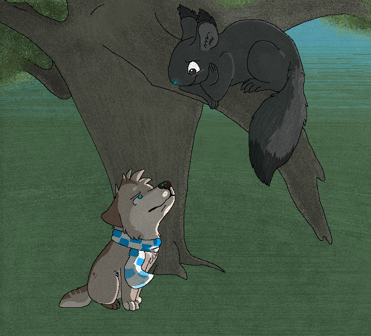 2012 ambiguous_gender black_body black_fur black_nose blue_eyes blue_nose bluekyokitty branch brown_body brown_fur canid canine canis cel_shading checkered_clothing checkered_scarf clothing digital_drawing_(artwork) digital_media_(artwork) domestic_dog duo ear_tuft eye_contact feral fur grey_body grey_fur head_tuft in_tree looking_at_another looking_down_at_another looking_up_at_another mammal pattern_clothing pattern_scarf paws perspective plant rodent scarf sciurid sebdoggo shaded tail tree tree_squirrel tuft