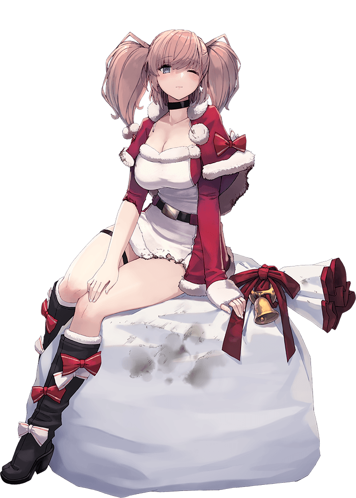 1girl atlanta_(kancolle) bell boots breasts brown_hair christmas cowboy_shot earrings fur_trim grey_eyes hat jewelry kantai_collection knee_boots large_breasts long_hair long_sleeves looking_at_viewer official_art one_eye_closed santa_costume santa_hat shizuma_yoshinori sitting sitting_on_object solo star_(symbol) star_earrings torn_clothes two_side_up