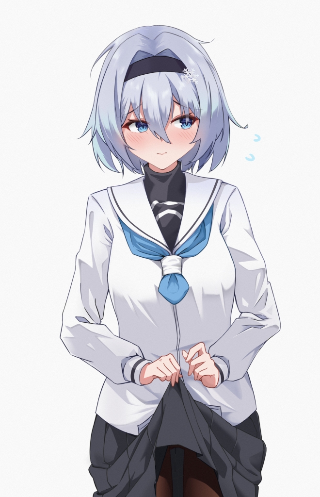 1girl black_hairband blue_eyes blush closed_mouth clothes_lift cowboy_shot grey_hair hair_between_eyes hair_intakes hair_ornament hairband hrxw8287 lifted_by_self long_sleeves ryuuou_no_oshigoto! school_uniform serafuku short_hair shy sideways_glance simple_background skirt skirt_lift snowflake_hair_ornament solo sora_ginko sweatdrop white_background