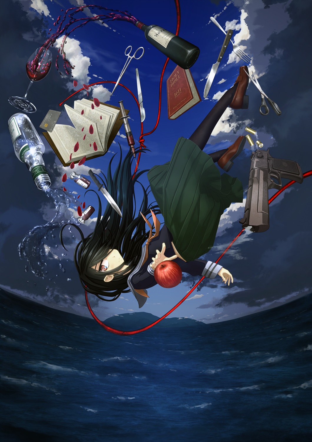 1girl alcohol apple bible_(object) black_hair black_pantyhose black_shirt blue_sky book bottle bungee_cord closed_mouth cloud cloudy_sky combat_knife commentary_request cover credit_card cup dark_clouds day desert_eagle drinking_glass expressionless falling falling_petals fisheye floating_hair food fork from_side fruit green_skirt gun hair_over_one_eye handgun highres island izumozaki_neneko knife loafers looking_at_viewer looking_to_the_side midair neckerchief ocean official_art one_eye_covered onimushi_hyogo open_book orange_eyes orange_neckerchief outdoors pantyhose petals pleated_skirt reaching sailor_collar scalpel school_uniform serafuku shell_casing shironagasu-tou_e_no_kikan shirt shoes skirt sky smoke smoking_gun solo syringe textless_version vial video_game_cover weapon white_sailor_collar wine wine_bottle wine_glass